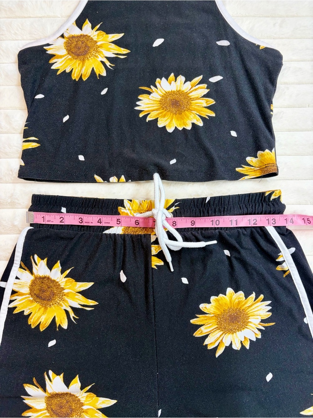 Sunflower Print Black Crop Tank & Shorts Set Size M Soft - Picture 4 of 5